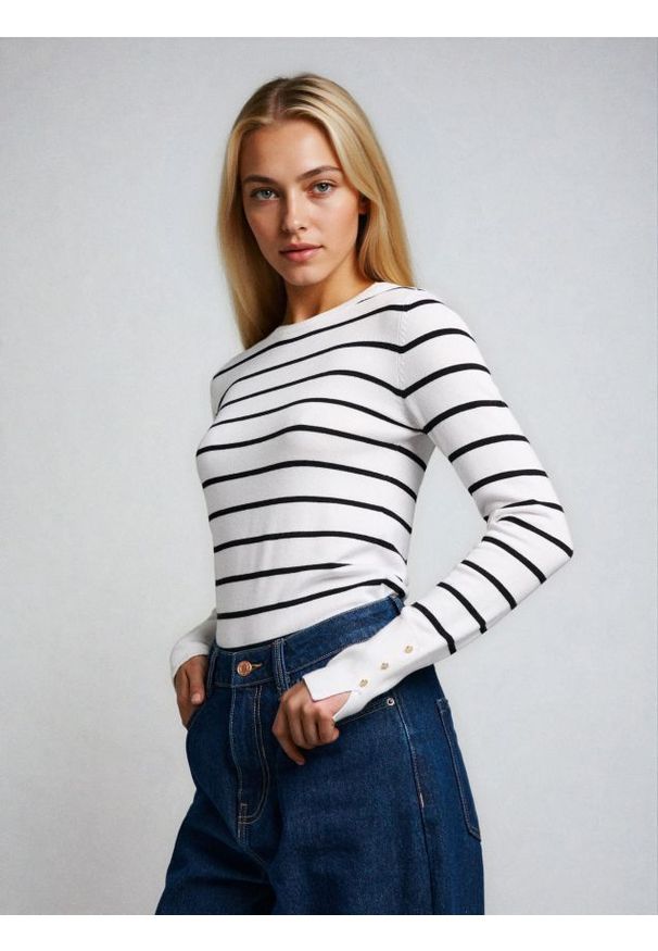 Sinsay - Prążkowany sweter w paski - wielobarwny. Materiał: prążkowany. Wzór: paski