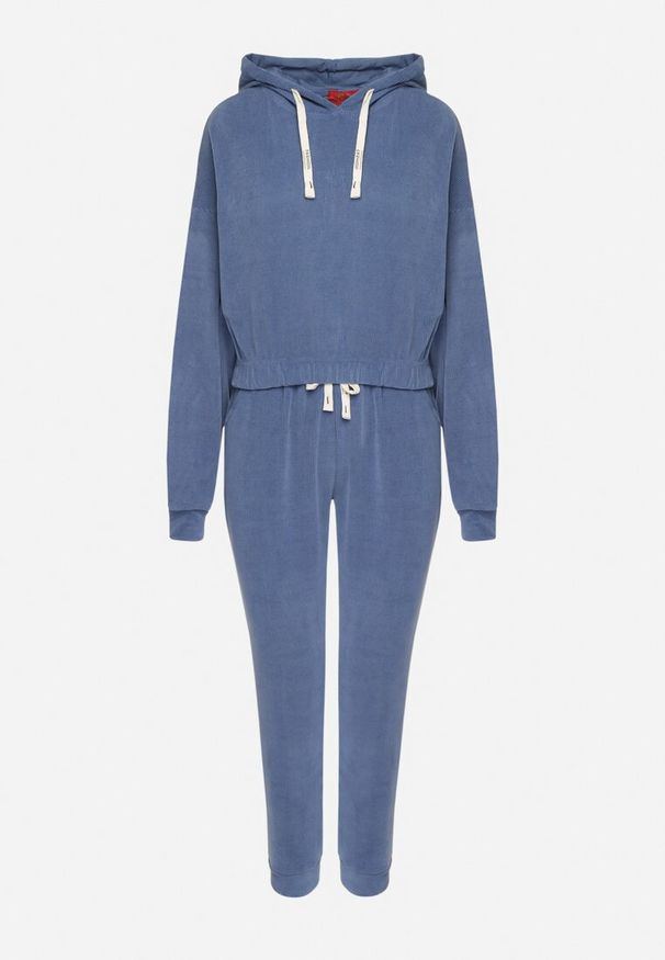 Born2be - Granatowy Komplet Dresowy z Bawełną Krótka Bluza z Kapturem i Spodnie z Gumką w Pasie Gesaria. Kolor: niebieski. Materiał: dresówka, bawełna