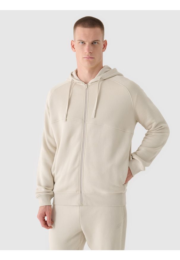 4f - 4F Bluza dresowa rozpinana z kapturem męska - beżowa XL. Okazja: na co dzień. Typ kołnierza: kaptur. Kolor: beżowy. Materiał: dresówka. Długość rękawa: raglanowy rękaw. Wzór: gładki, ze splotem. Styl: sportowy, casual