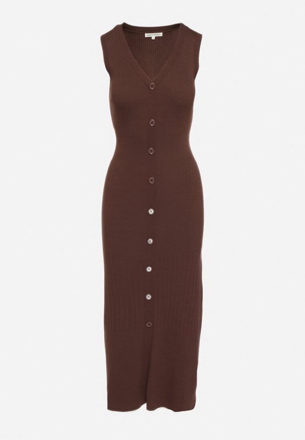 Born2be - Brązowa Wiskozowa Sukienka o Taliowanym Kroju Bez Rękawów Zdobiona Guzikami Esinea. Okazja: na co dzień. Typ kołnierza: dekolt w serek. Kolor: brązowy. Materiał: wiskoza. Długość rękawa: bez rękawów. Wzór: aplikacja. Styl: casual