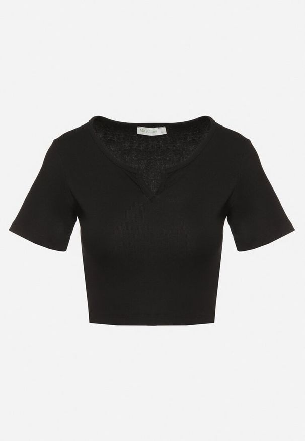 Born2be - Czarny Bawełniany T-shirt z Prążkowanego Materiału Linalora. Okazja: na co dzień, na spotkanie biznesowe. Kolor: czarny. Materiał: bawełna, materiał, prążkowany. Styl: klasyczny, elegancki, biznesowy, casual