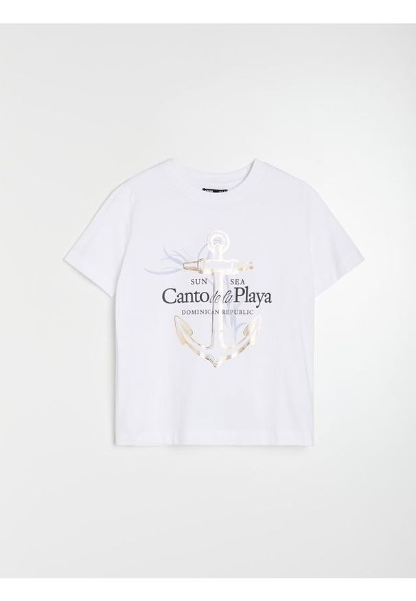 Sinsay - Bawełniana koszulka z napisem Canto de la Playa - biały. Kolor: biały. Materiał: bawełna. Wzór: napisy