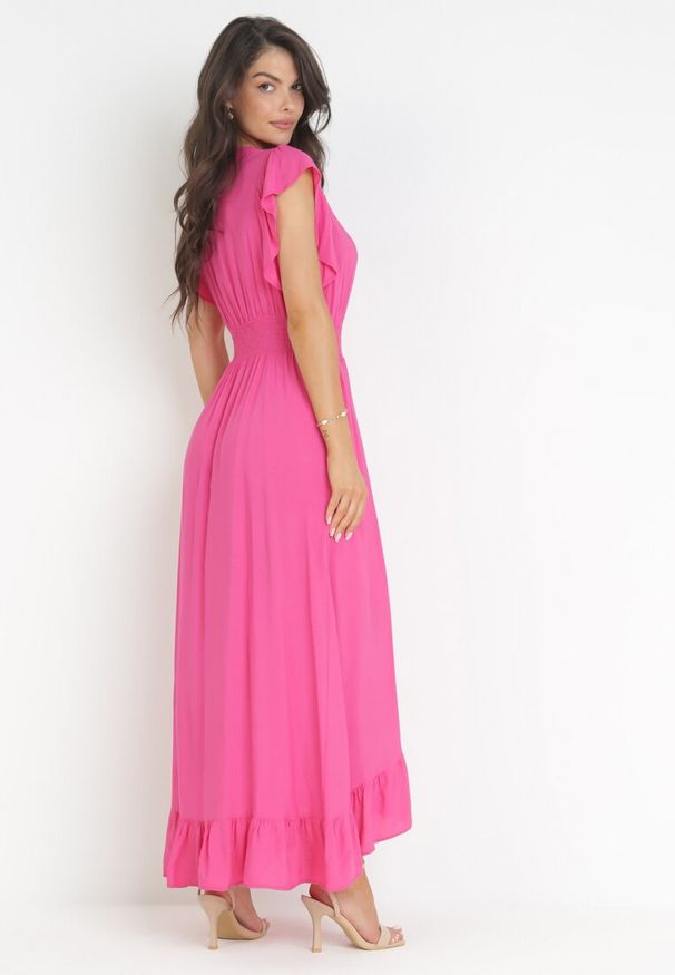 Born2be - Fuksjowa Wiskozowa Sukienka z Kopertowym Dołem i Dekoltem Lail. Kolor: różowy. Materiał: wiskoza. Typ sukienki: kopertowe