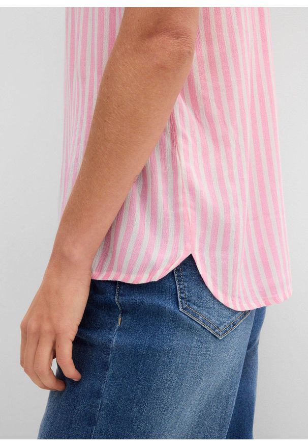 bonprix - Bluzka z krótkim rękawem z lejącej wiskozy. Kolor: różowy. Materiał: wiskoza. Długość rękawa: krótki rękaw. Długość: krótkie. Wzór: paski