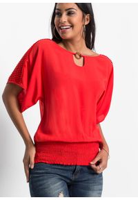 bonprix - Bluzka z czystej wiskozy. Kolor: czerwony. Materiał: wiskoza, koronka. Długość rękawa: krótki rękaw. Długość: krótkie. Wzór: koronka #3