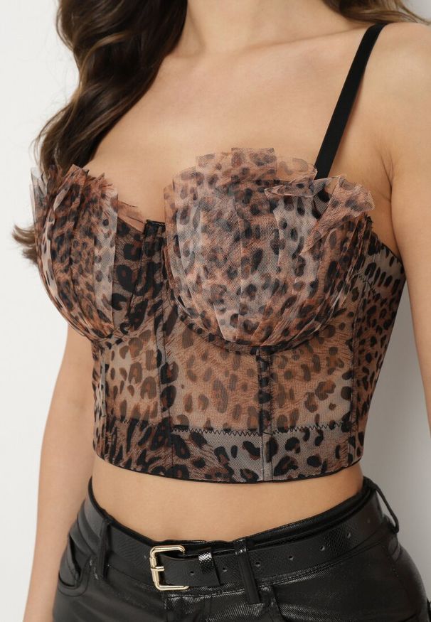 Born2be - Brązowy Transparentny Top Gorsetowy w Panterkę z Usztywnionymi Miseczkami Temindira. Typ kołnierza: dekolt gorset. Kolor: brązowy. Materiał: materiał. Długość rękawa: na ramiączkach. Wzór: motyw zwierzęcy. Styl: elegancki