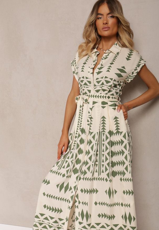 Renee - Beżowo-Zielona Taliowana Sukienka z Wiskozy z Materiałowym Paskiem w Talii Nasiona. Okazja: do pracy. Kolor: beżowy. Materiał: wiskoza, materiał. Wzór: aplikacja. Sezon: wiosna, jesień. Styl: elegancki