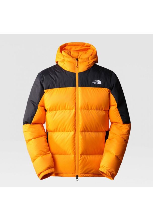 Kurtka puchowa The North Face Diablo Down Hoodie pomarańczowo-czarna. Typ kołnierza: kaptur. Kolor: żółty, czarny, wielokolorowy. Materiał: puch. Sport: turystyka piesza