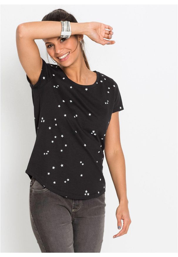 bonprix - Bawełniany T-shirt. Kolor: czarny. Materiał: bawełna. Długość rękawa: krótki rękaw. Długość: krótkie. Wzór: nadruk