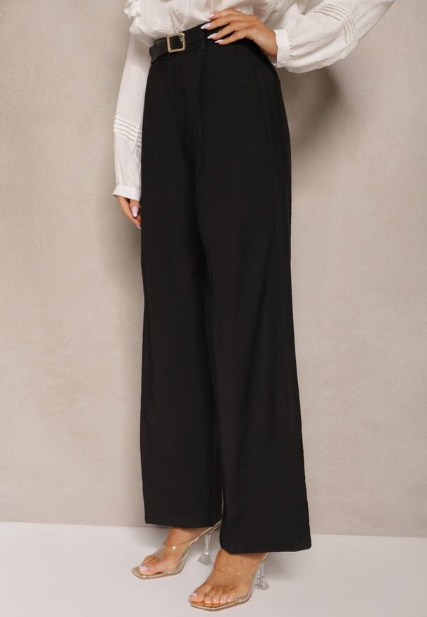 Renee - Czarne Garniturowe Spodnie High Waist o Szerokim Kroju Efrase. Okazja: na co dzień. Stan: podwyższony. Kolor: czarny. Styl: casual