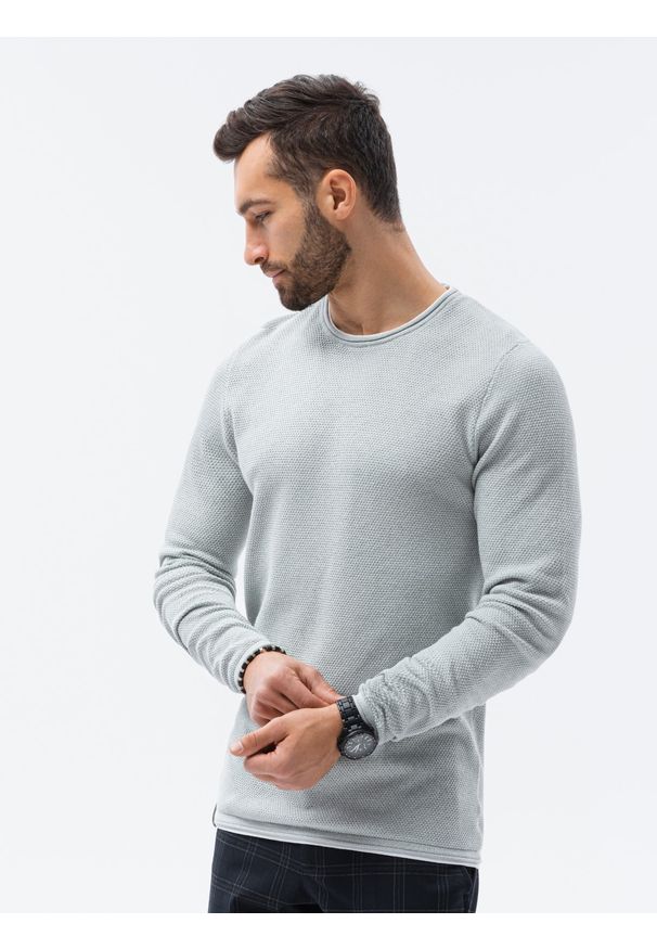 Ombre Clothing - Sweter męski E121 - jasnoszary/melanżowy - XXL. Okazja: na co dzień. Kolor: szary. Materiał: bawełna. Wzór: melanż. Styl: casual, klasyczny, elegancki