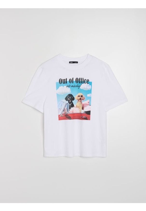Sinsay - Bawełniana koszulka z nadrukiem - biały. Kolor: biały. Materiał: bawełna. Wzór: nadruk