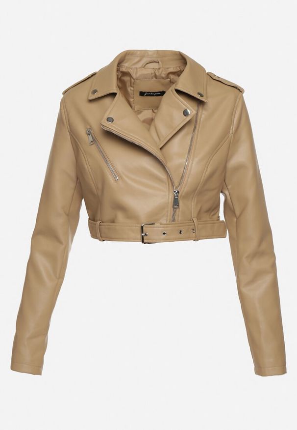 Born2be - Beżowa Kurtka Ramoneska z Asymetrycznym Suwakiem Inika. Kolor: beżowy. Materiał: jeans. Styl: elegancki