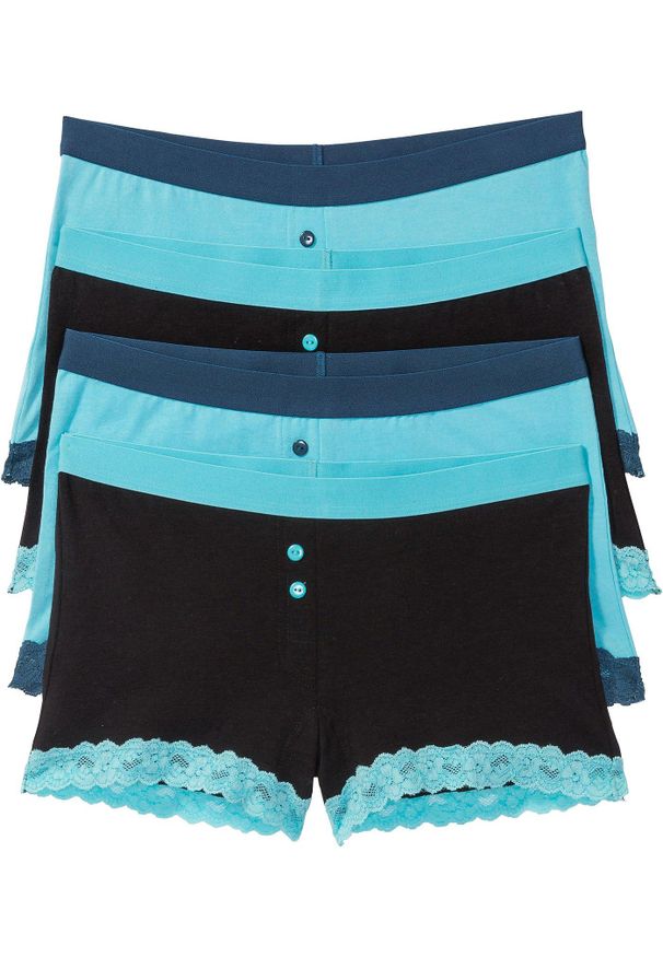 bonprix - Bokserki damskie (4 pary). Kolor: niebieski. Materiał: koronka. Wzór: koronka