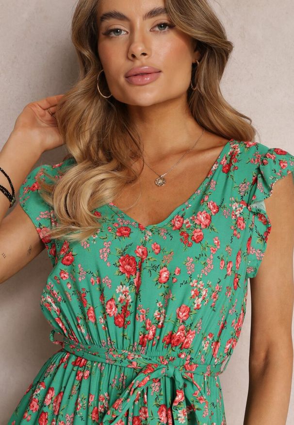 Renee - Zielona Sukienka Mini z Wiskozy z Gumką w Talii Farlock. Kolor: zielony. Materiał: wiskoza. Wzór: kwiaty. Długość: mini