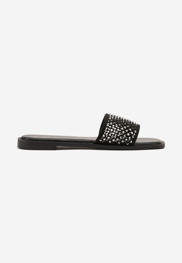 Born2be - Czarne Klapki z Ażurową Cholewką Galitia. Okazja: na co dzień. Kolor: czarny. Materiał: jeans. Wzór: ażurowy. Sezon: lato. Styl: casual