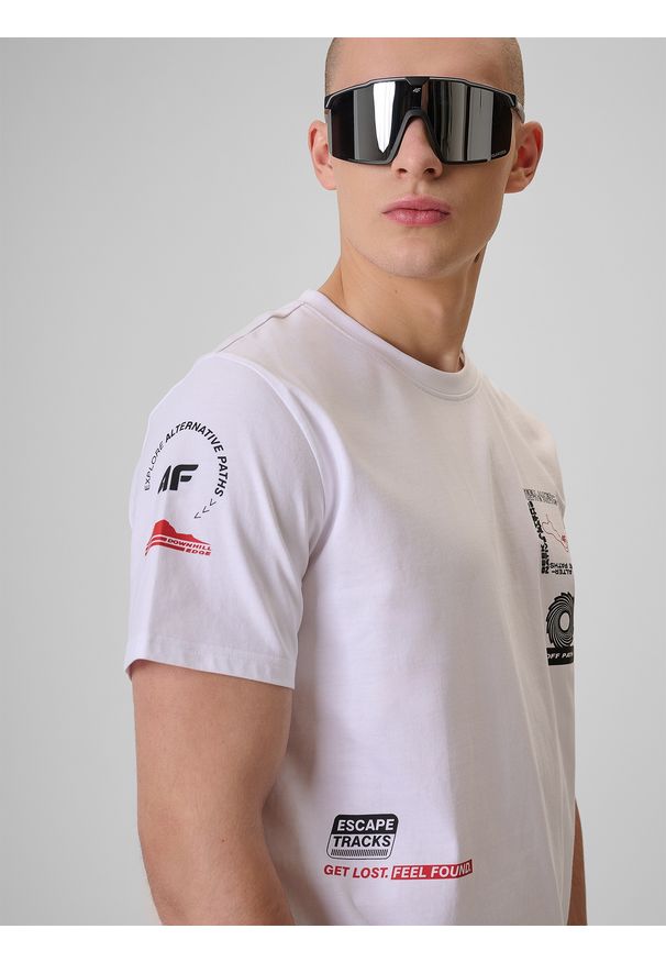 4f - 4F T-shirt regular z nadrukiem męski - biały S. Okazja: na co dzień. Kolor: biały. Materiał: dzianina, materiał, bawełna. Wzór: nadruk. Styl: casual, klasyczny