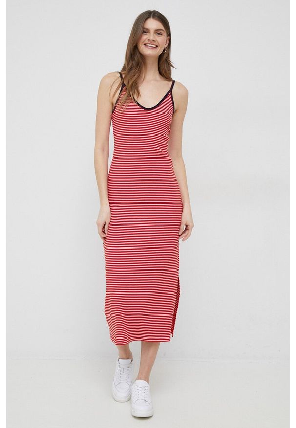 TOMMY HILFIGER - Tommy Hilfiger sukienka kolor czerwony midi prosta. Okazja: na co dzień. Kolor: czerwony. Materiał: materiał, wiskoza. Długość rękawa: na ramiączkach. Typ sukienki: proste. Styl: casual. Długość: midi