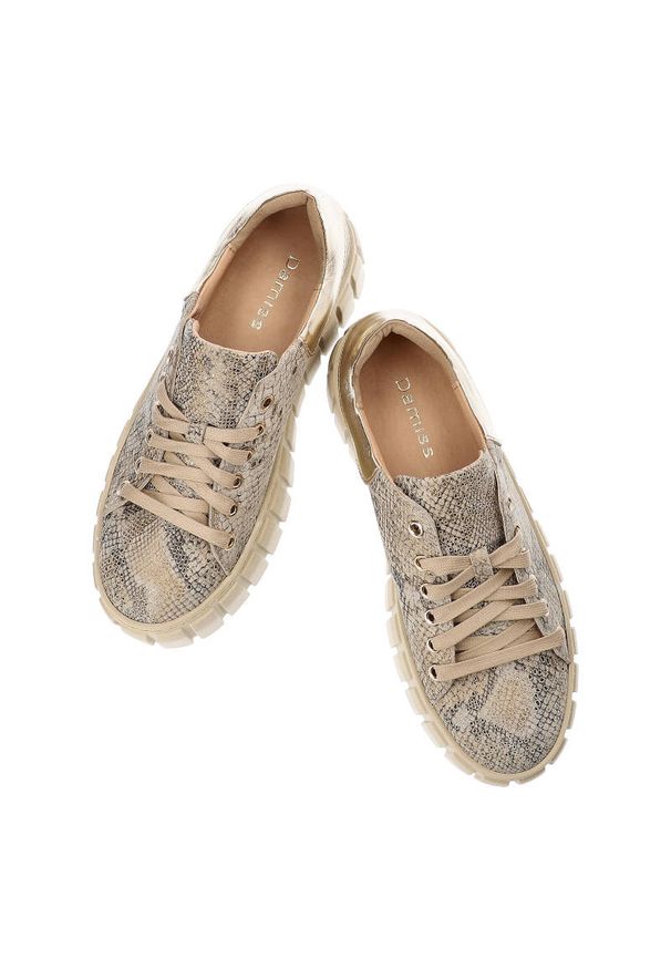 DAMISS - Złote Sneakersy Damskie Damiss Modne Obuwie. Kolor: złoty. Materiał: zamsz, skóra. Szerokość cholewki: normalna. Wzór: nadruk, motyw zwierzęcy, jednolity