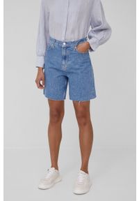 Calvin Klein Jeans szorty jeansowe damskie gładkie high waist. Okazja: na co dzień. Stan: podwyższony. Kolor: niebieski. Materiał: dzianina, denim, bawełna. Wzór: gładki. Styl: casual