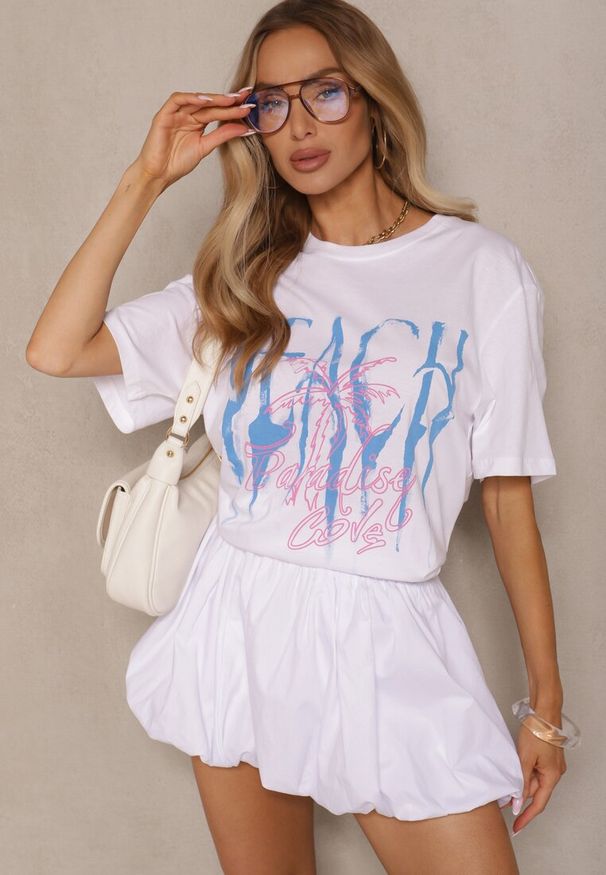 Renee - Biała Bawełniana Koszulka z Nadrukiem Savileine. Okazja: na co dzień. Kolor: biały. Materiał: bawełna. Wzór: nadruk. Styl: casual, elegancki, klasyczny