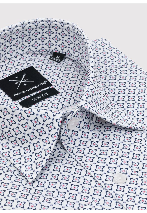 Pako Lorente - PAKO LORENTE – Biała koszula w niebieski mikrowzór. Kolor: niebieski, biały, wielokolorowy. Materiał: bawełna, elastan. Długość rękawa: długi rękaw. Długość: długie