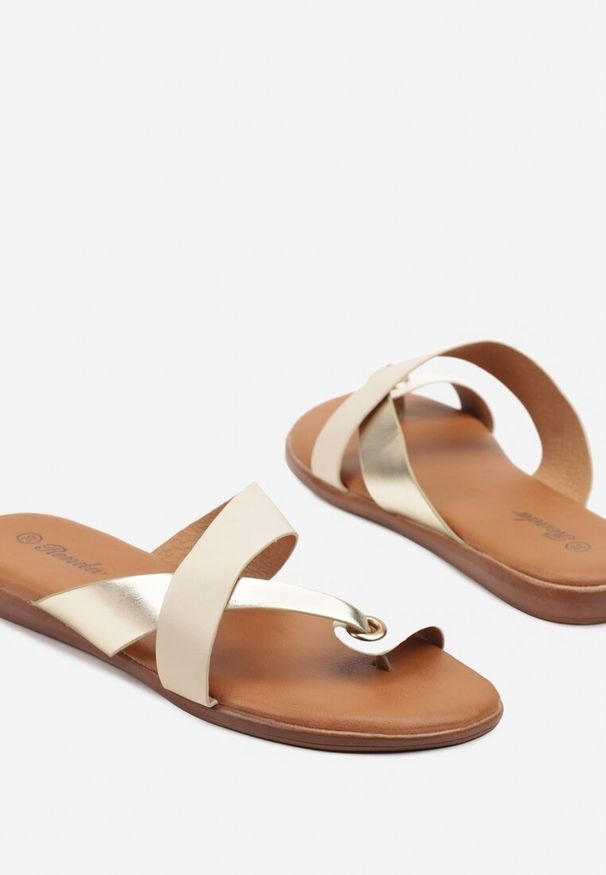 Renee - Beżowe Klapki Ozdobione Metaliczną Aplikacją Nevalie. Okazja: na co dzień, na randkę, na spacer. Kolor: beżowy. Wzór: aplikacja. Sezon: lato. Styl: casual, elegancki, klasyczny