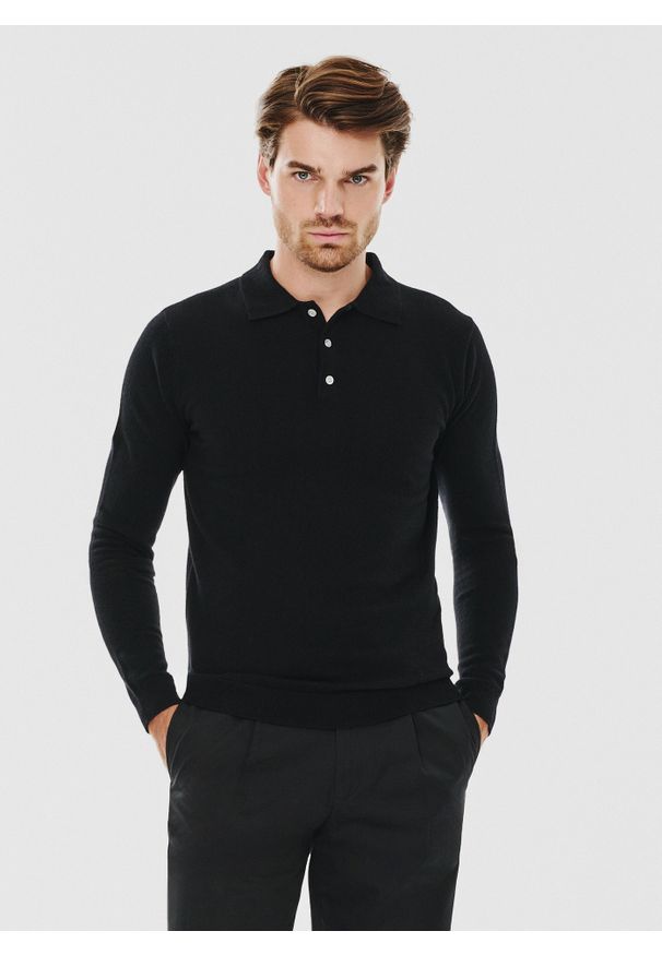 Pako Lorente - PAKO LORENTE – Męski czarny sweter z kołnierzykiem polo. Typ kołnierza: polo. Kolor: niebieski, czarny. Materiał: wełna. Sezon: zima, jesień