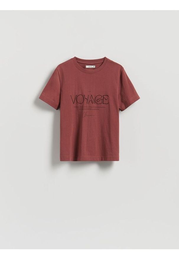 Reserved - T-shirt z nadrukiem - bordowy. Kolor: czerwony. Materiał: bawełna, dzianina. Wzór: nadruk