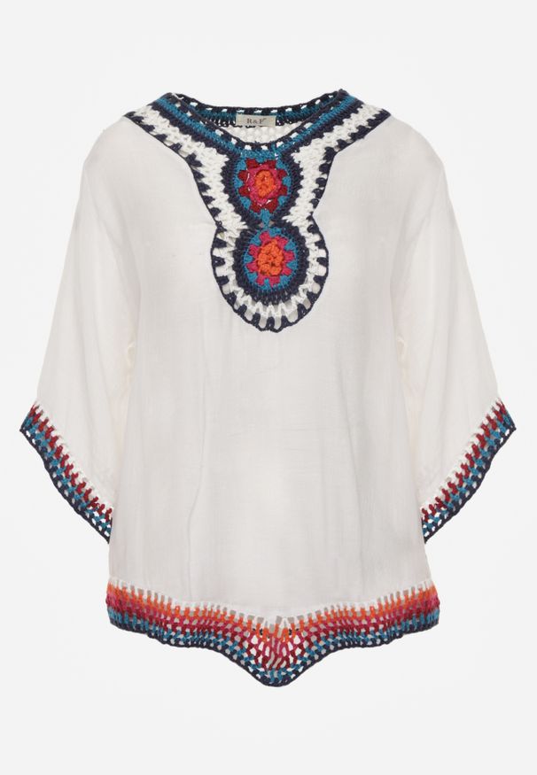 Renee - Biała Bluzka Narzutka w Stylu Boho z Rękawem 3/4 Dimiara. Okazja: na co dzień. Kolor: biały. Materiał: jeans, materiał. Wzór: haft. Styl: boho