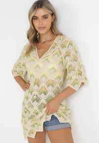 Born2be - Żółto-Fuksjowa Pudełkowa Sukienka Mini z Głębokim Dekoltem z Szydełkowej Bawełny Cristel. Kolor: żółty. Materiał: bawełna. Styl: boho. Długość: mini #3