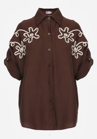 Born2be - Brązowa Nietoperzowa Koszula z Wiskozy z Haftem i Podpinanymi Rękawami Jilyla. Okazja: na co dzień, do pracy. Kolor: brązowy. Materiał: wiskoza. Długość: długie. Wzór: haft. Styl: casual, elegancki #8