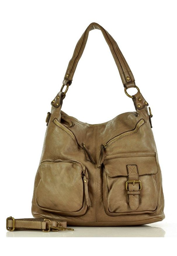 Marco Mazzini handmade - Beżowa Włoska Torebka Skórzana Na Ramię Pockets. Kolor: beżowy. Materiał: skórzane. Rodzaj torebki: na ramię