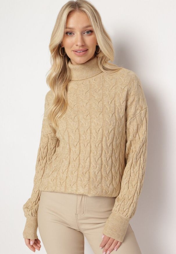 Born2be - Ciemnobeżowy Sweter z Golfem w Warkoczowy Splot ze Ściągaczami Maraiwai. Typ kołnierza: golf. Kolor: beżowy. Wzór: ze splotem. Sezon: jesień