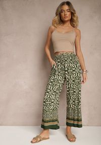 Renee - Zielone Szerokie Spodnie Culottes z Bawełny w Ornamentalny Print Lisanella. Okazja: na co dzień, na spacer. Kolor: zielony. Materiał: bawełna. Wzór: nadruk. Styl: casual, elegancki