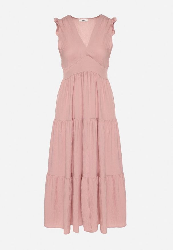 Born2be - Różowa Wiskozowa Sukienka z Falbankami Sadoline. Okazja: na co dzień. Typ kołnierza: kołnierz z falbankami. Kolor: różowy. Materiał: wiskoza. Styl: casual, boho