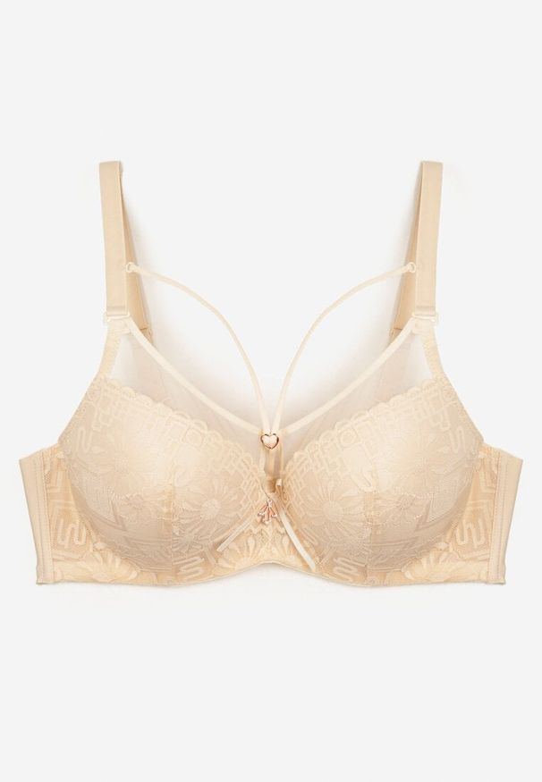 Born2be - Beżowy Biustonosz Typu Full Cup z Koronką i Regulowanymi Ramiączkami Nestakate. Kolor: beżowy. Materiał: koronka. Wzór: koronka