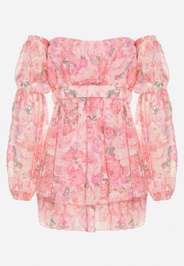 Born2be - Jasnoróżowa Wiskozowa Sukienka Hiszpanka z Falbanami i Paskiem w Kwiaty Virmoi. Okazja: na spacer, na co dzień. Typ kołnierza: dekolt hiszpanka. Kolor: różowy. Materiał: wiskoza. Wzór: kwiaty. Typ sukienki: proste. Styl: casual