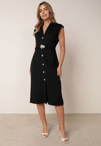 Born2be - Czarna Sukienka z Wiskozy z Elastycznym Paskiem Ozdobną Klamrą i Guzikami Alcerine. Kolor: czarny. Materiał: wiskoza. Styl: elegancki, klasyczny #3