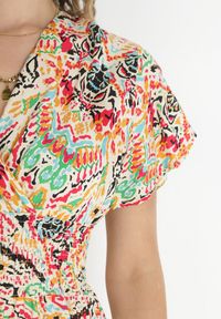 Born2be - Beżowa Sukienka z Wiskozy w Abstrakcyjny Wzór z Gumką w Pasie Nilkasa. Kolor: beżowy. Materiał: wiskoza #4