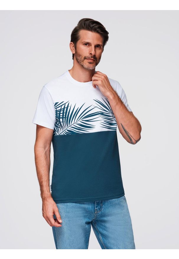 Ombre Clothing - T-shirt meski dwukolorowy z nadrukiem w liście palmy - ciemnoniebieski V1 - Rozmiar: L. Kolor: niebieski. Materiał: dzianina, bawełna, jersey. Wzór: nadruk. Sezon: lato. Styl: wakacyjny