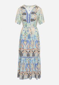 Born2be - Niebieska Wiskozowa Sukienka Boho Zapinana na Guziki z Materiałowym Paskiem w Talii Dimovana. Okazja: na co dzień. Typ kołnierza: dekolt w serek. Kolor: niebieski. Materiał: materiał, wiskoza. Długość rękawa: krótki rękaw. Wzór: aplikacja. Typ sukienki: proste. Styl: boho #6