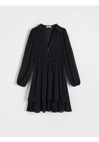 Reserved - Sukienka mini z falbanami - czarny. Kolor: czarny. Materiał: tkanina. Wzór: gładki. Długość: mini