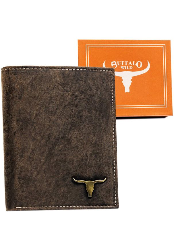 BUFFALO WILD - Portfel skórzany Buffalo Wild RM-04-BAW brązowy. Kolor: brązowy. Materiał: skóra. Wzór: aplikacja