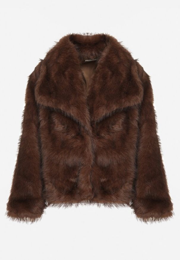 Born2be - Brązowa Kurtka Futerko z Ozdobnym Kołnierzem Devrenna. Okazja: na co dzień. Kolor: brązowy. Materiał: futro. Sezon: zima. Styl: casual, elegancki, klasyczny