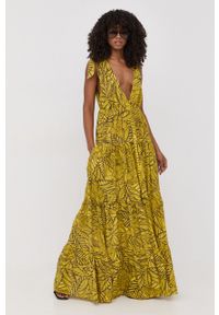 TwinSet - Twinset sukienka bawełniana kolor żółty maxi rozkloszowana. Kolor: żółty. Materiał: bawełna. Typ sukienki: rozkloszowane. Długość: maxi