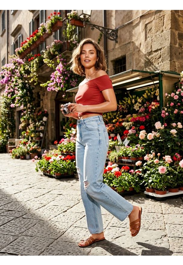 Sinsay - Crop top z krótkim rękawem - koralowy. Kolor: pomarańczowy. Długość rękawa: krótki rękaw. Długość: krótkie