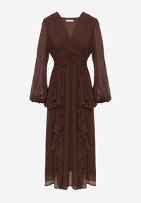 Born2be - Brązowa Romantyczna Sukienka Koktajlowa z Falbanami i Marszczeniem w Pasie Aranilla. Typ kołnierza: kołnierz z falbankami. Kolor: brązowy. Materiał: tkanina, materiał. Wzór: gładki, aplikacja. Typ sukienki: rozkloszowane. Styl: wizytowy #5
