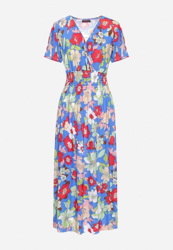 Born2be - Niebieska Sukienka w Kwiaty z Kopertowym Dekoltem i Gumkami w Pasie Lomanda. Okazja: na spacer, na co dzień. Typ kołnierza: dekolt kopertowy. Kolor: niebieski. Wzór: kwiaty. Sezon: lato. Typ sukienki: kopertowe. Styl: elegancki, casual, klasyczny. Długość: midi