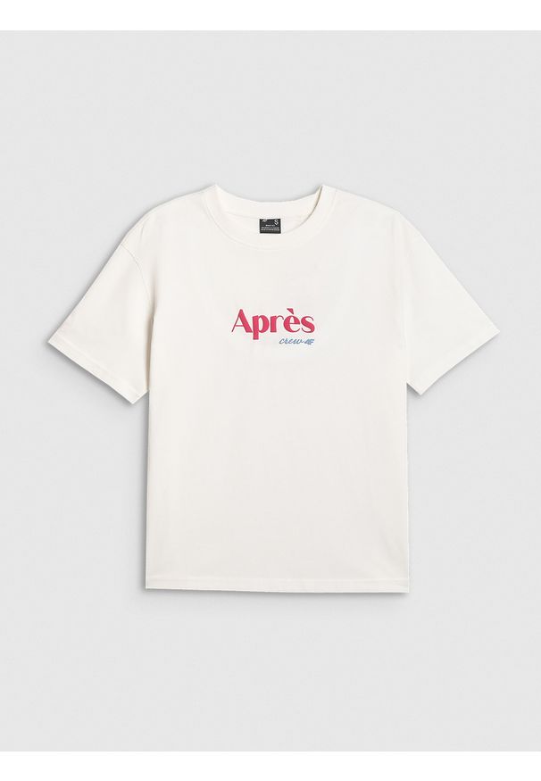 4f - 4F T-shirt boxy z nadrukiem damski - beżowy XS. Okazja: na co dzień. Kolor: beżowy. Materiał: dzianina, bawełna, materiał. Wzór: nadruk. Styl: casual